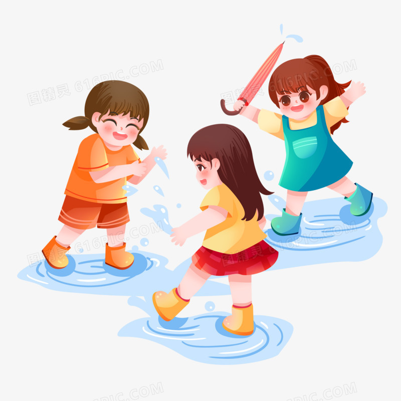 手绘小女孩们一起踩水打闹场景素材