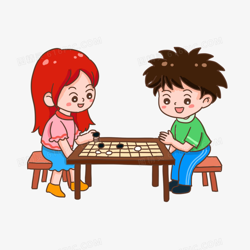 手绘卡通小朋友一起下棋免抠元素