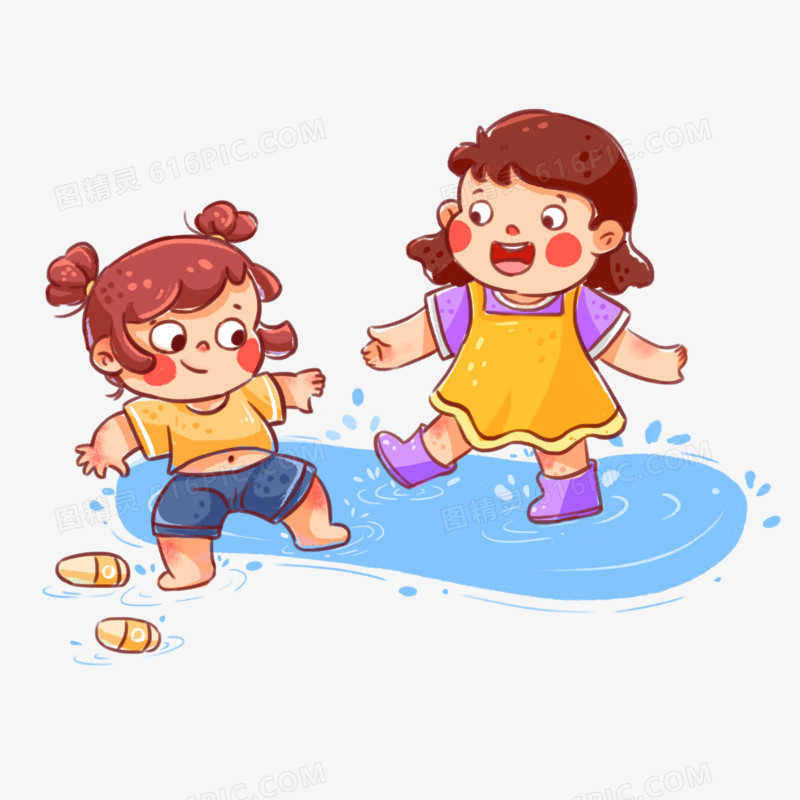 卡通两个小孩踩水玩耍插画免抠元素
