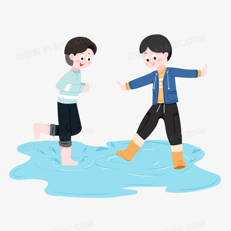 手绘两个男孩踩水免抠素材