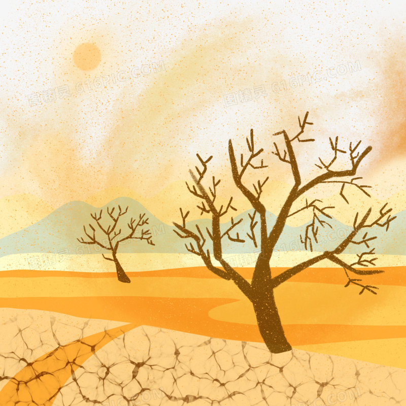 卡通手绘自然沙尘暴枯树干裂风景元素 