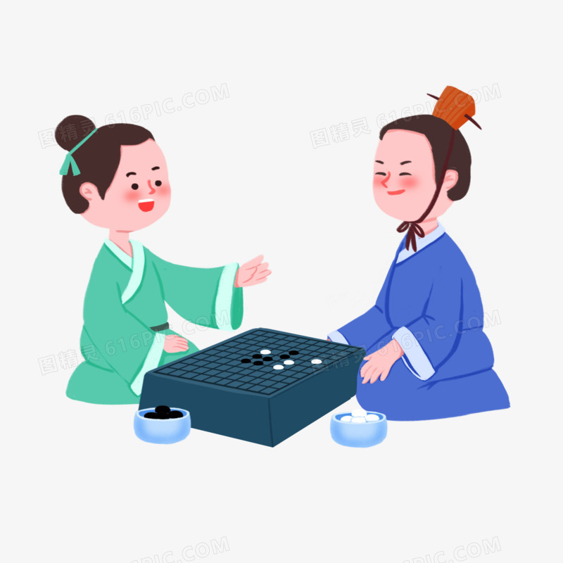 手绘卡通古人下棋素材