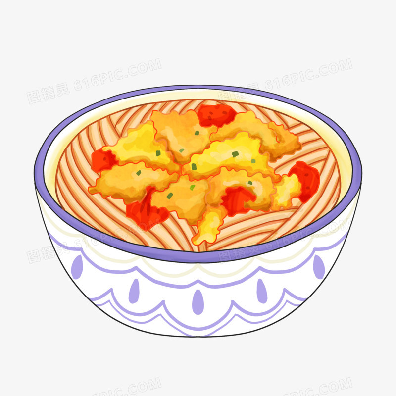 手绘西红柿鸡蛋面青花瓷碗素材