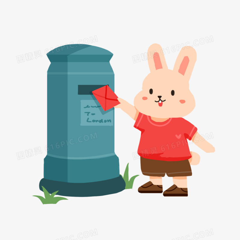 卡通扁平风小兔子把信件放进信箱免抠元素