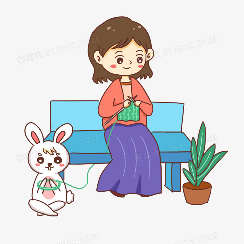 手绘卡通女孩和小兔子一起织毛线免抠元素