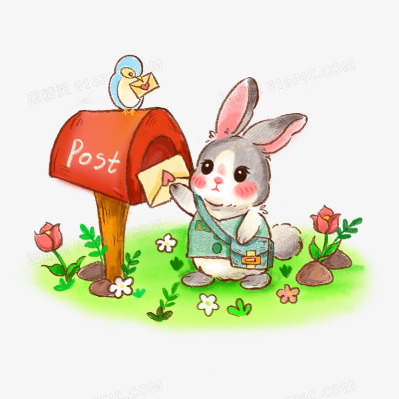 卡通创意兔子将信放入信箱元素
