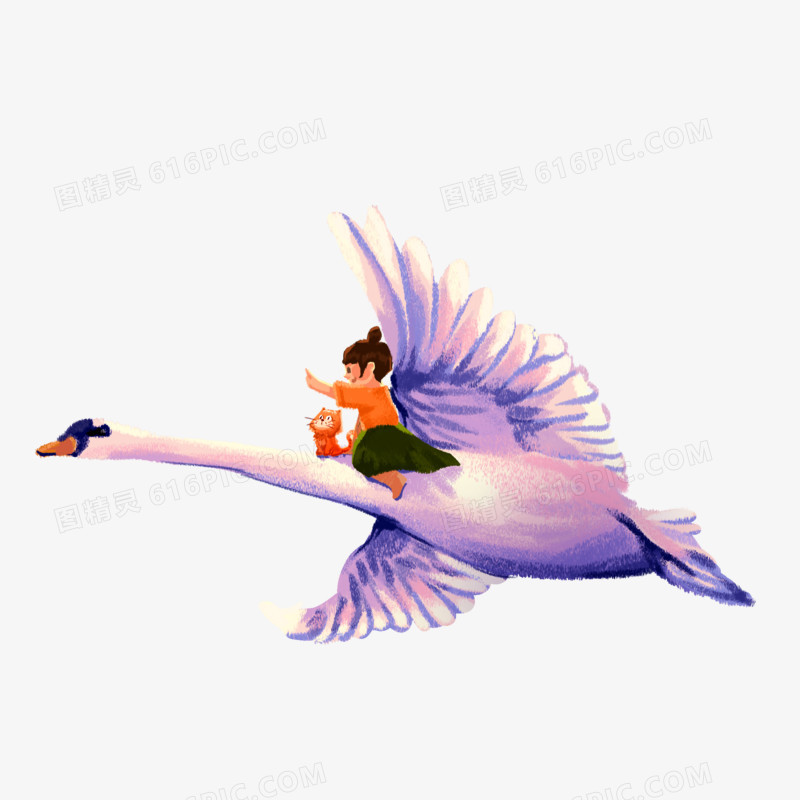 手绘女孩小动物骑在燕子身上插画元素