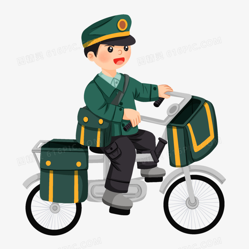手绘插画风骑自行车送信的邮递员免扣元素