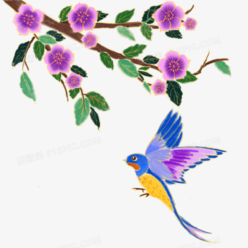 手绘国潮工笔画紫色花枝和小鸟元素
