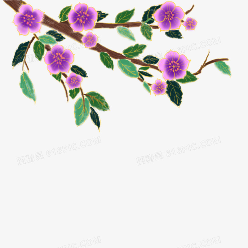 手绘国潮风免抠一枝紫花素材