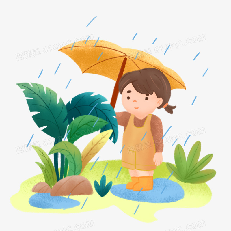 卡通手绘细雨绵绵女孩撑伞场景元素