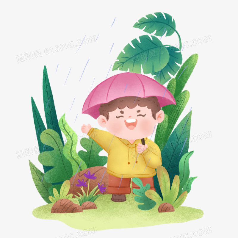 卡通手绘雨天男孩撑伞元素