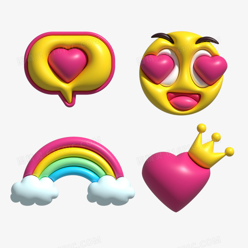 一组膨胀风对话框表情彩虹爱心图标元素