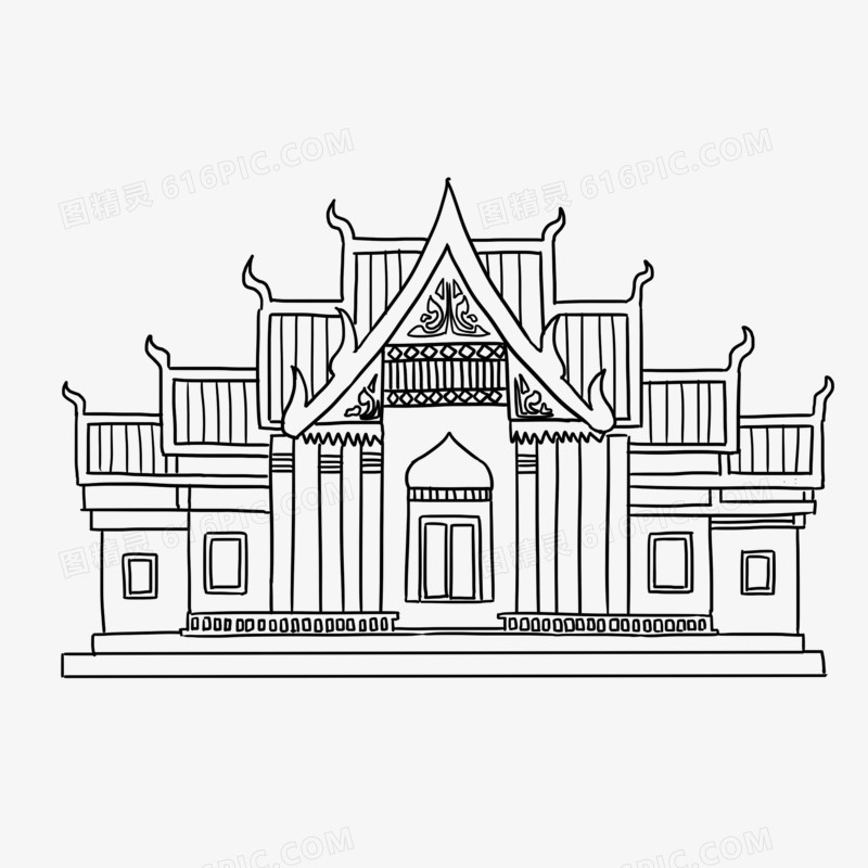 手绘卡通泰国寺庙线稿免抠元素