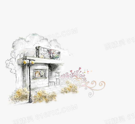 唯美复古中国风手绘云朵房子路灯