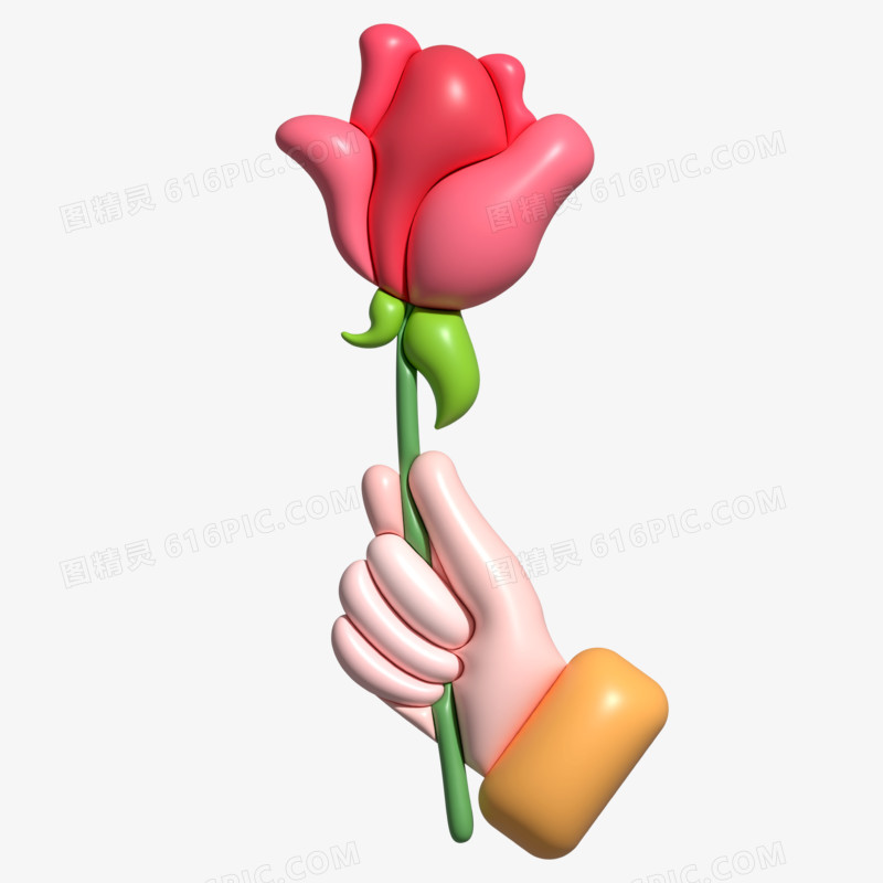 手绘膨胀风手拿玫瑰花装饰元素