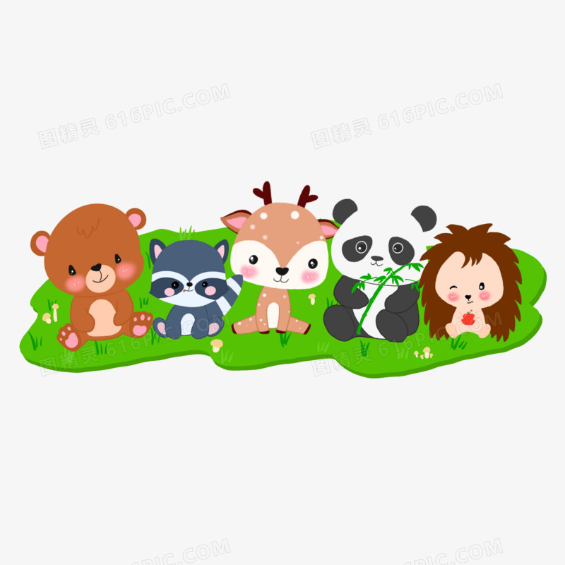 手绘可爱小动物在草地上排排坐素材