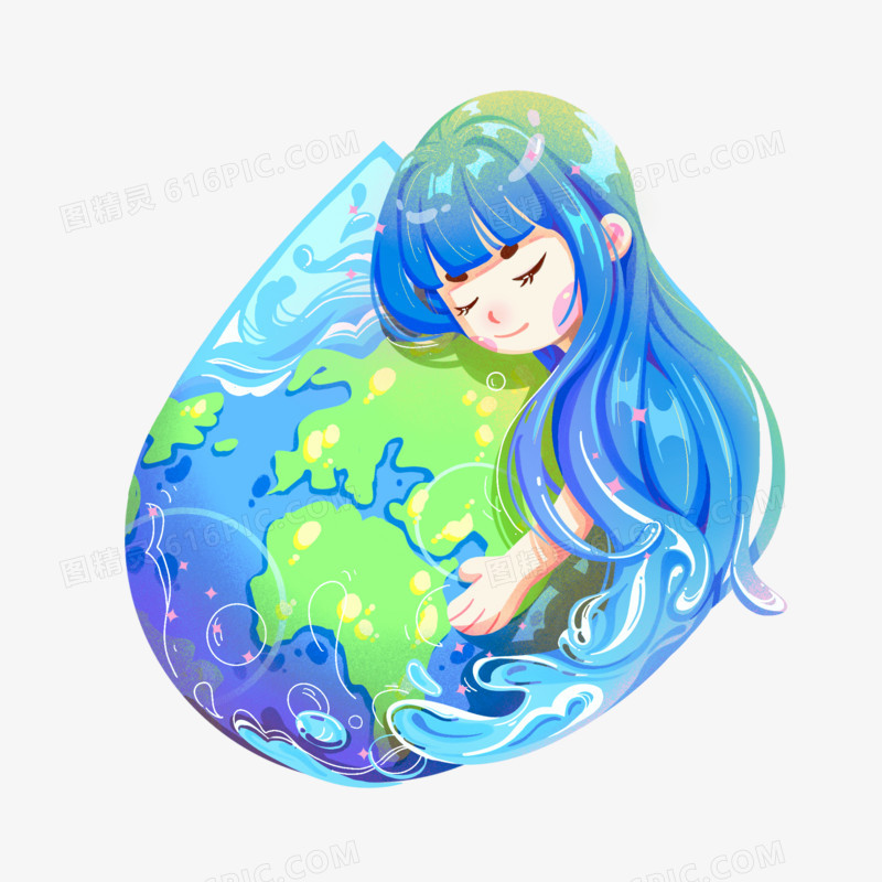 手绘精灵女孩守护地球水资源免抠元素