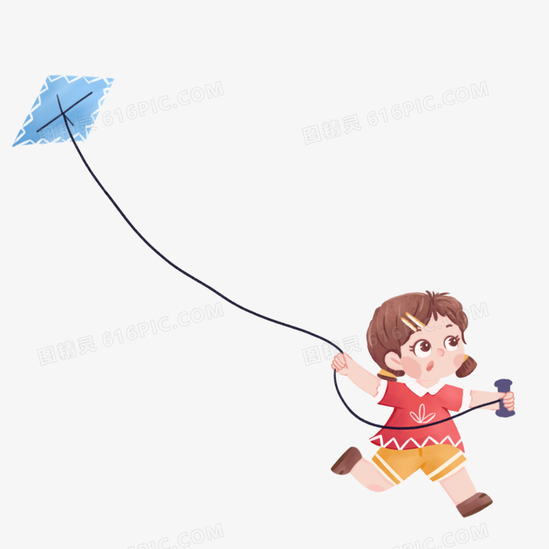 卡通手绘插画风户外活动小女孩放风筝素材
