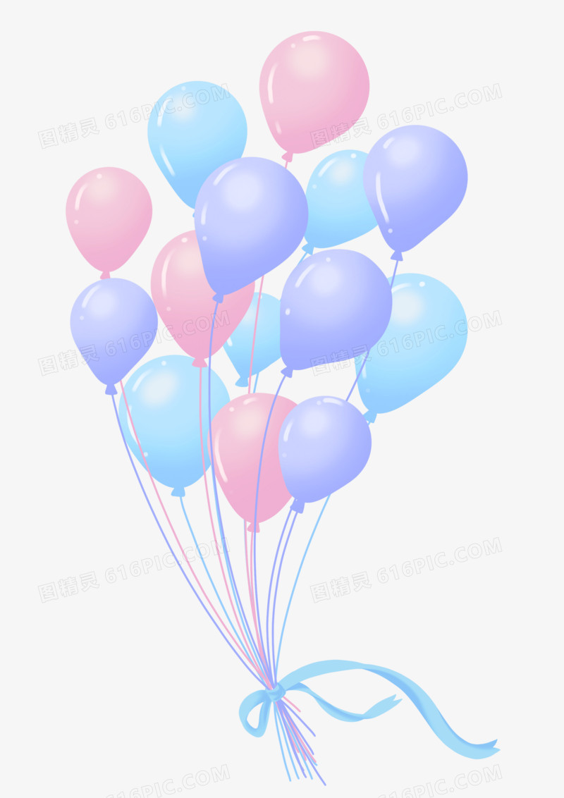 一束手绘插画风粉色紫色蓝色的气球