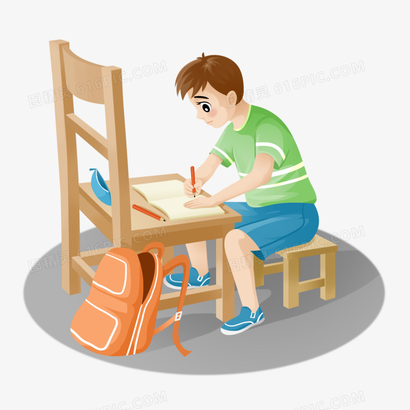 卡通少年在椅子小板凳写字免抠元素