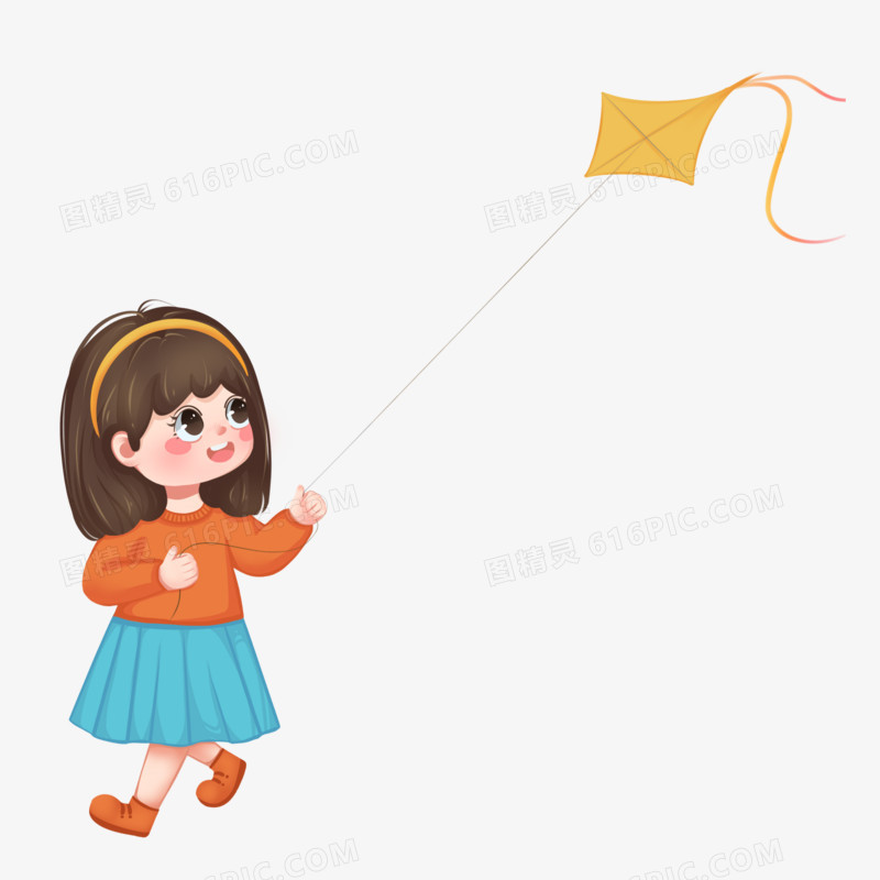 手绘放风筝的小女孩素材