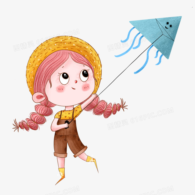 手绘放风筝的小女孩免抠元素