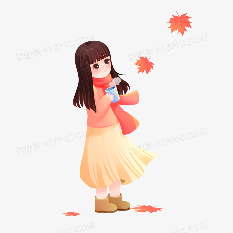 卡通手绘免抠秋天的小女孩元素