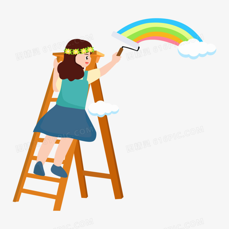 卡通矢量小女孩爬梯子刷油漆素材