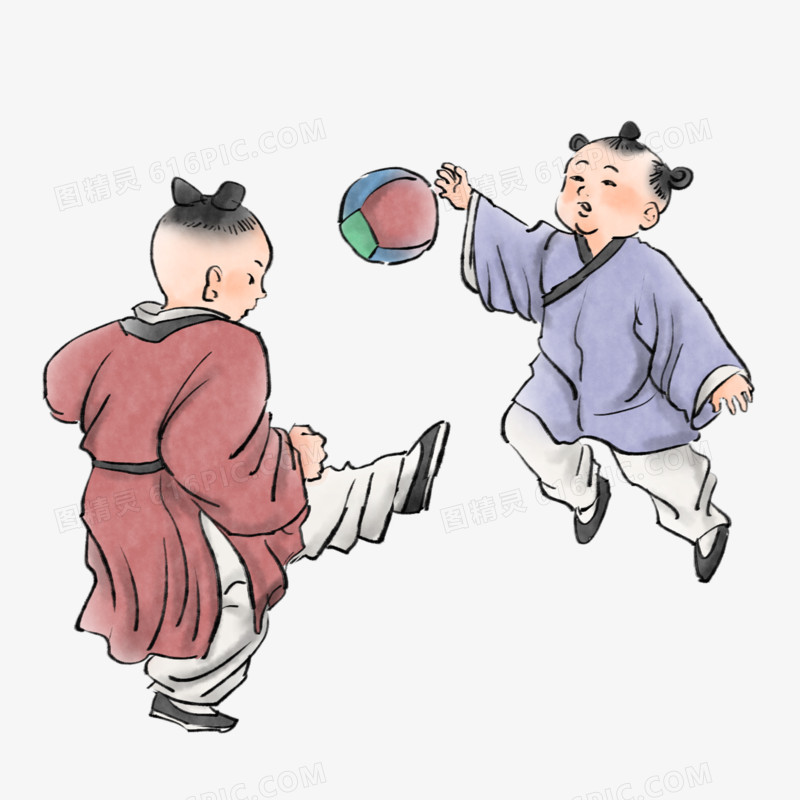 手绘水彩风两个古人儿童踢蹴鞠免抠素材
