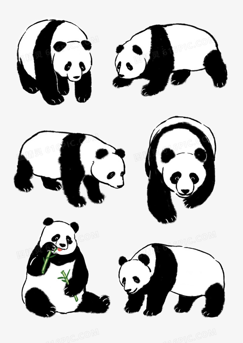 手绘水墨风格熊猫免抠元素