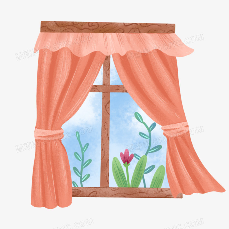 卡通手绘窗户窗帘窗外风景元素