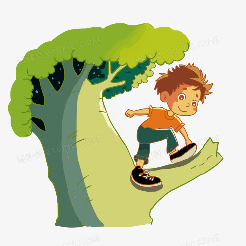 手绘卡通小孩爬树玩耍免抠元素