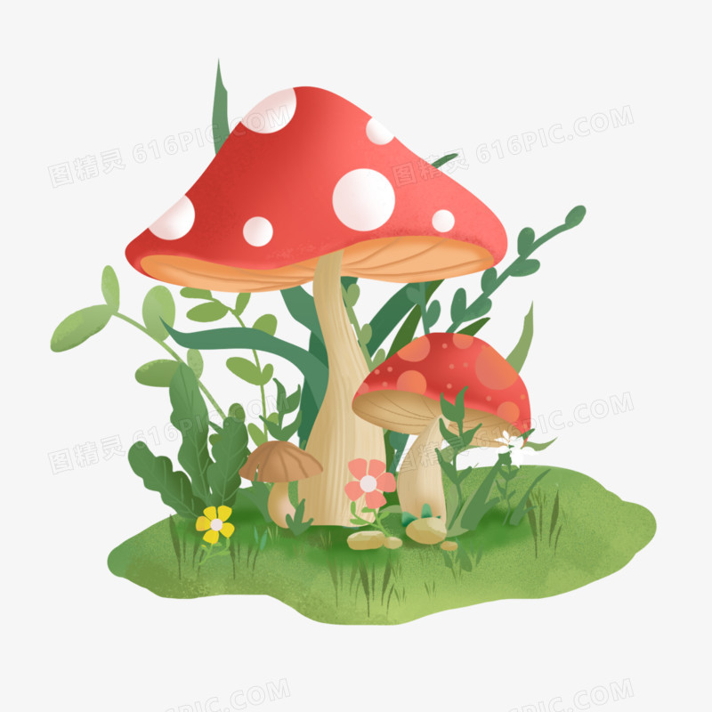 手绘彩色蘑菇微景观免抠元素