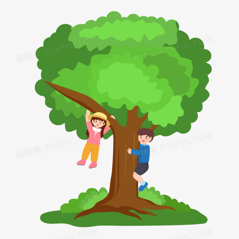 手绘矢量爬树的儿童人物免抠元素