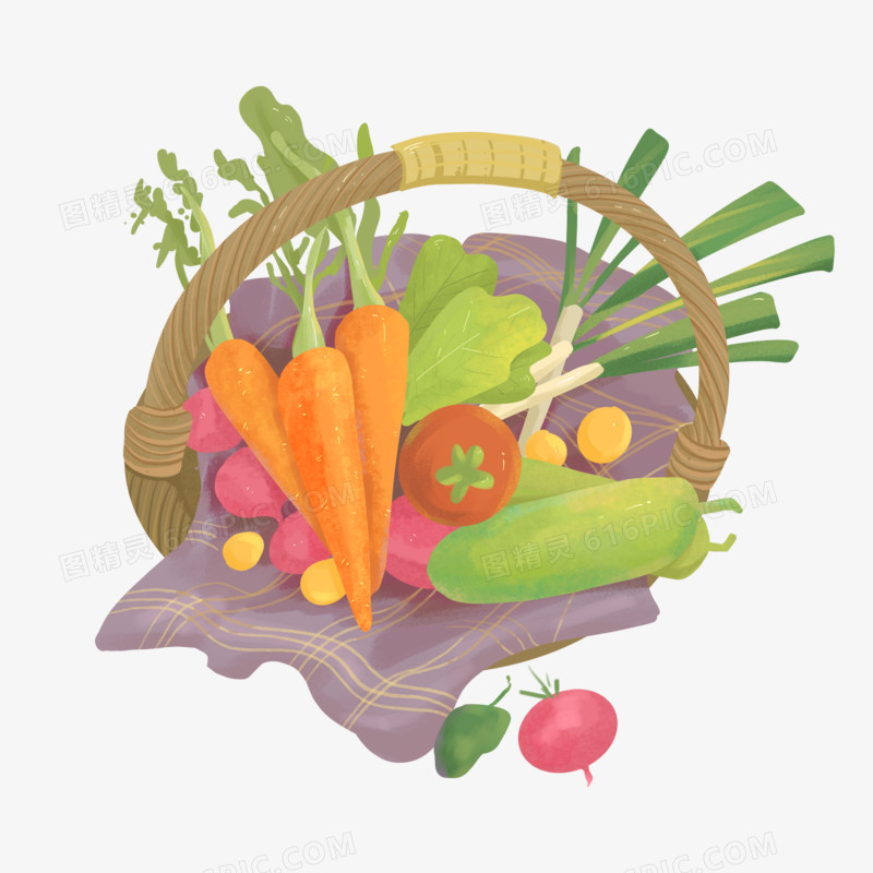 手绘水彩插画蔬菜篮子素材