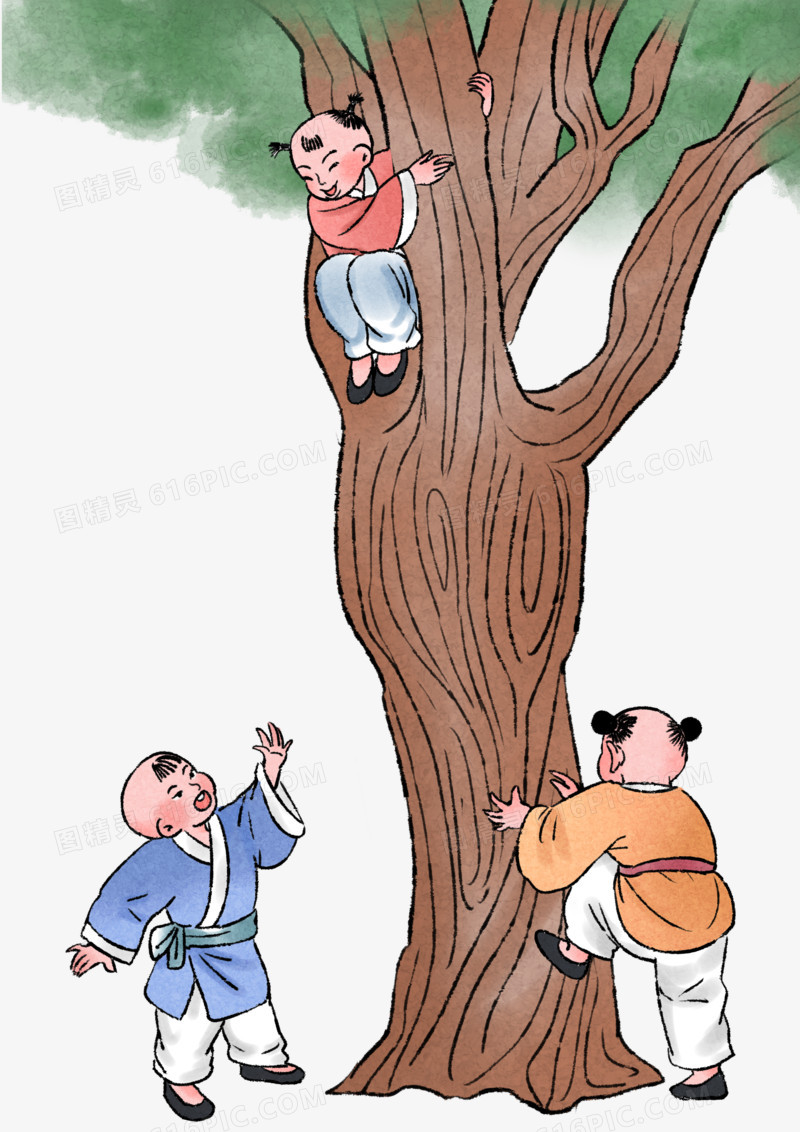 手绘水墨风格古人小孩子爬树素材