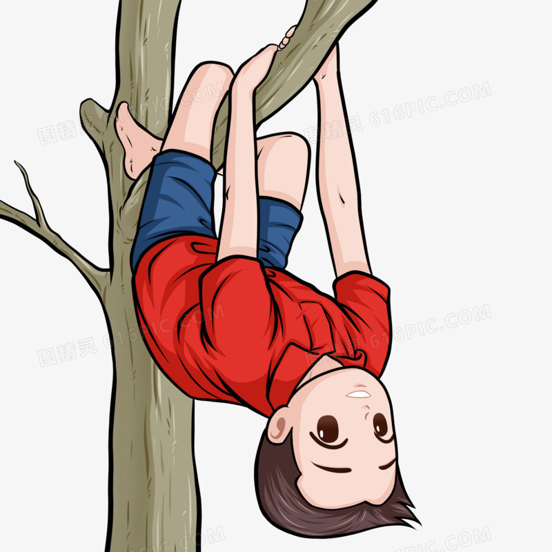 手绘风小男孩爬树倒挂树枝素材