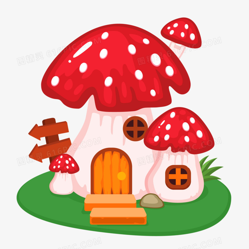 手绘矢量彩色蘑菇屋素材