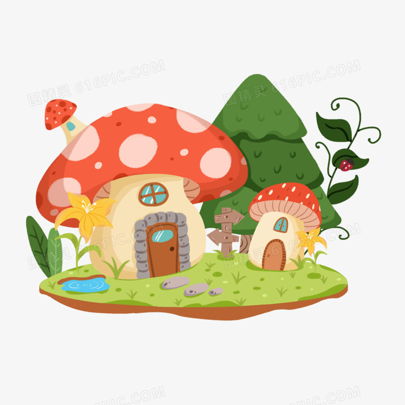 手绘彩色森林里的蘑菇屋素材