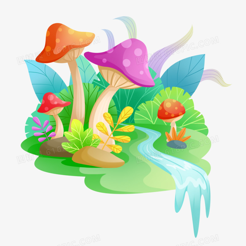 手绘插画彩色蘑菇微景观元素