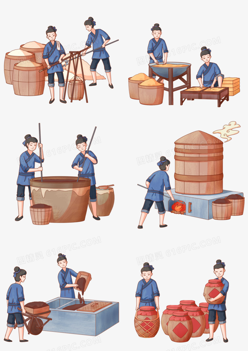 一组古代人物酿酒工艺流程插画组图素材