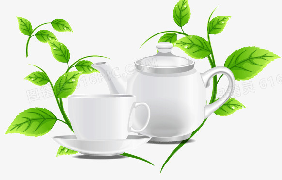 白色茶具与绿叶矢量素材