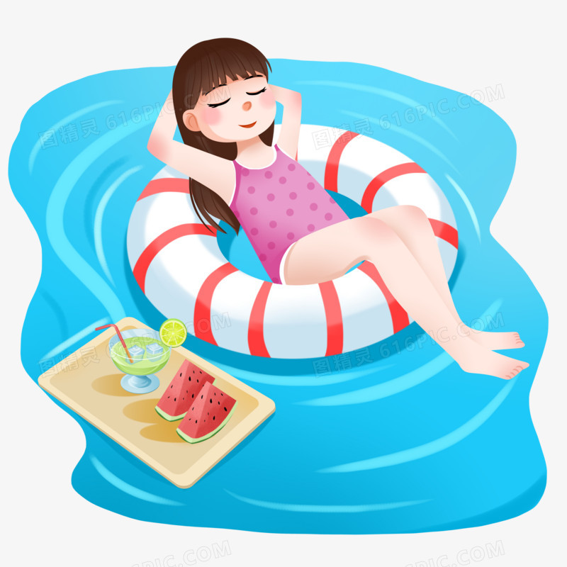 手绘插画夏天女孩在泳圈上休息元素