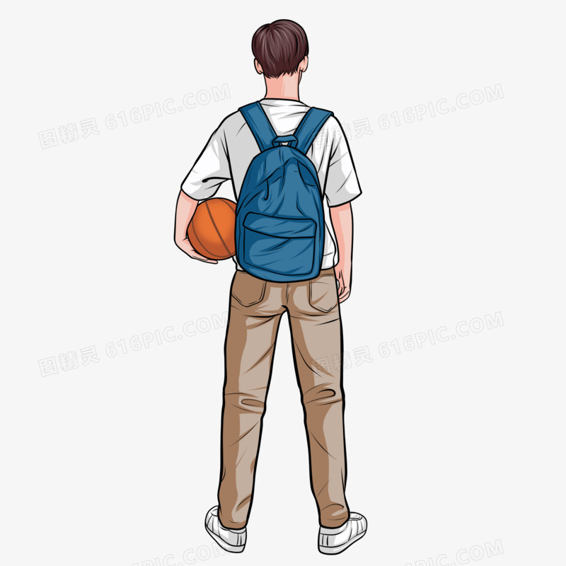 卡通手拿篮球的男生背影素材