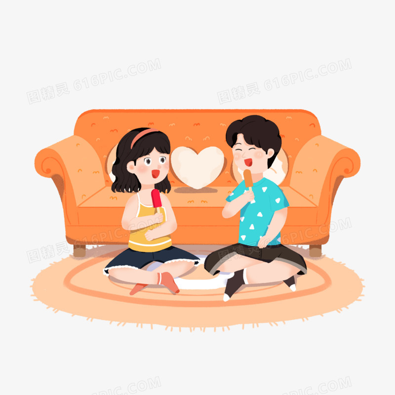 手绘情侣坐在地毯上吃冰棍插画元素