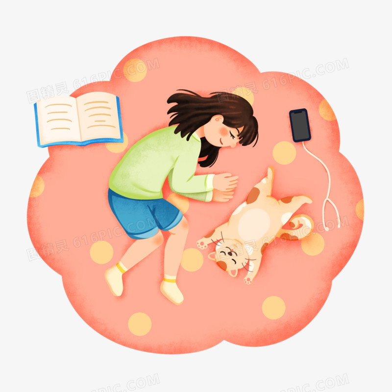 手绘插画女孩和宠物猫一起睡觉免抠素材