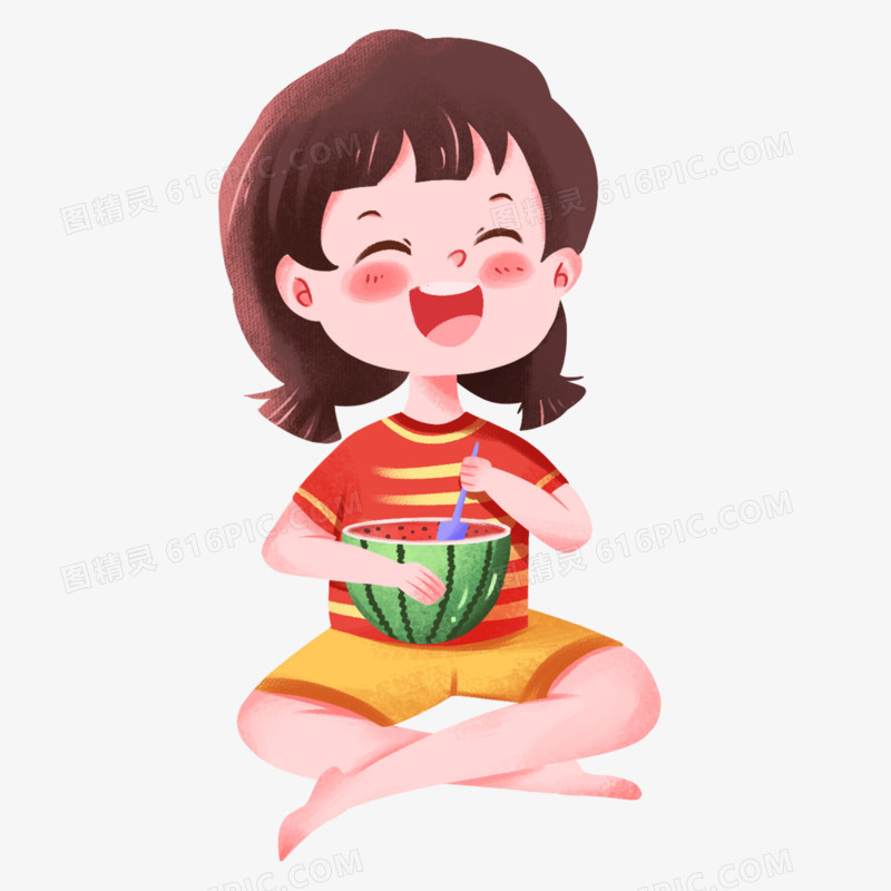 卡通手绘免抠吃西瓜的女孩素材