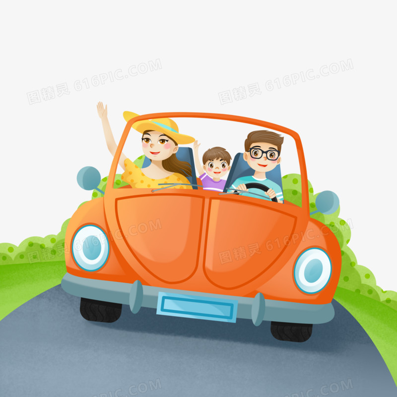 手绘插画一家人开车去旅行元素