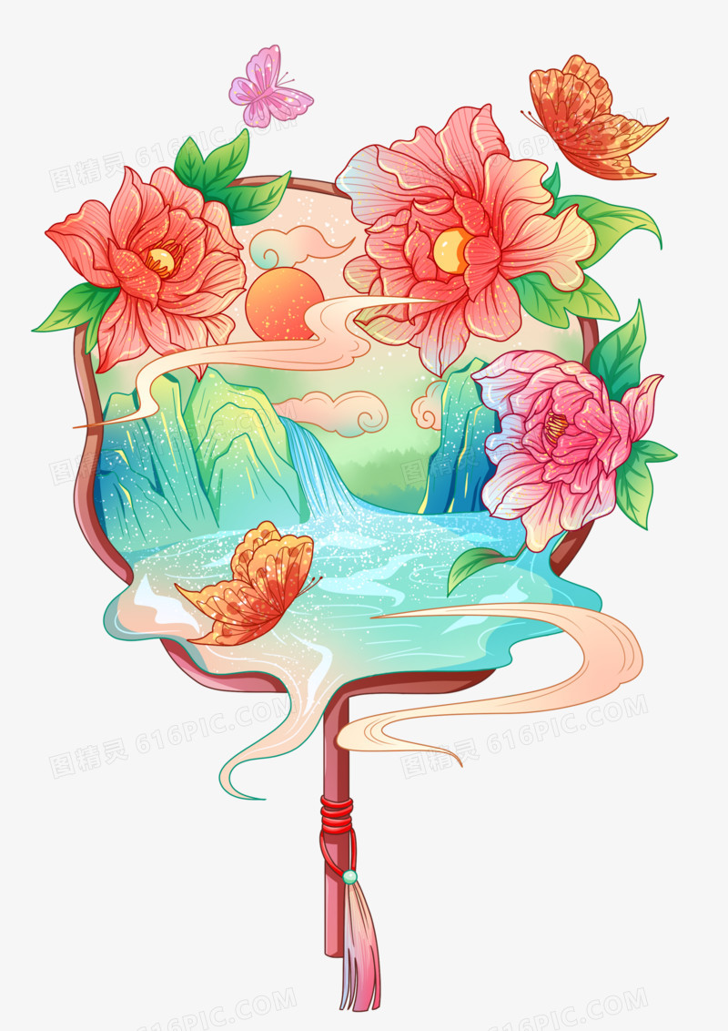 卡通花卉山水风景扇子微景观素材